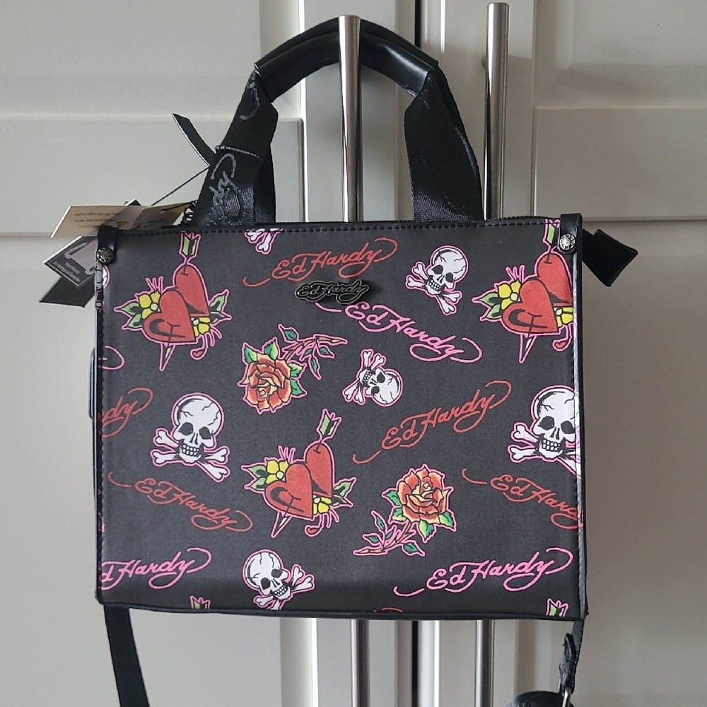 Ed Hardy Hand BagSkulls & Flowes &hearts Zipper  &2pocket With Adjustable Straps